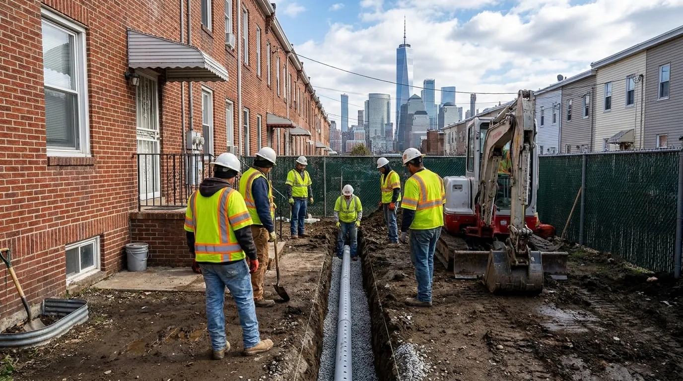 French drain trench being installed on a Jersey City property