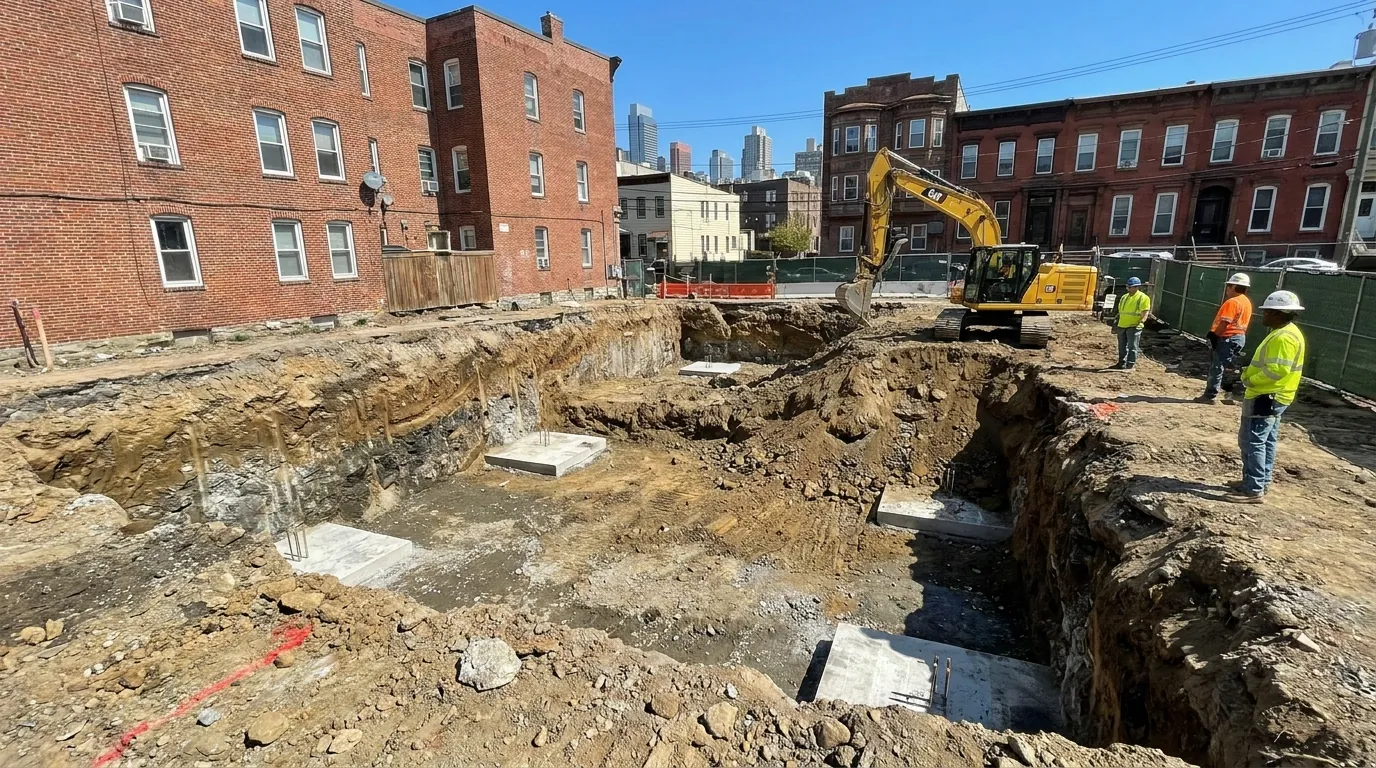 Foundation excavation dig to footing depth on a Jersey City lot