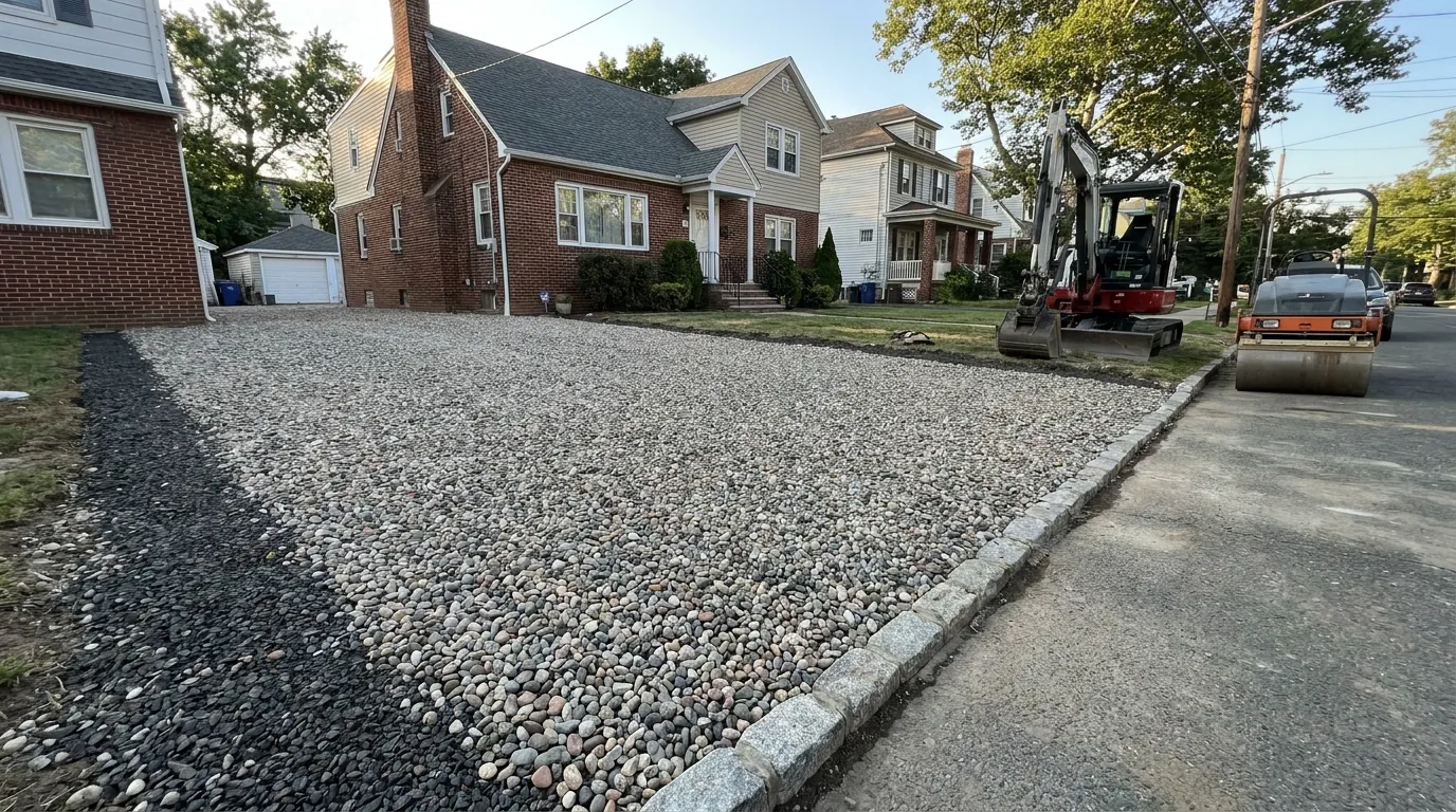 New gravel driveway with compacted stone base in Jersey City