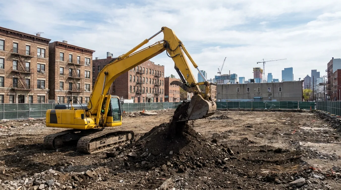 Excavator moving soil on a cleared Jersey City building lot