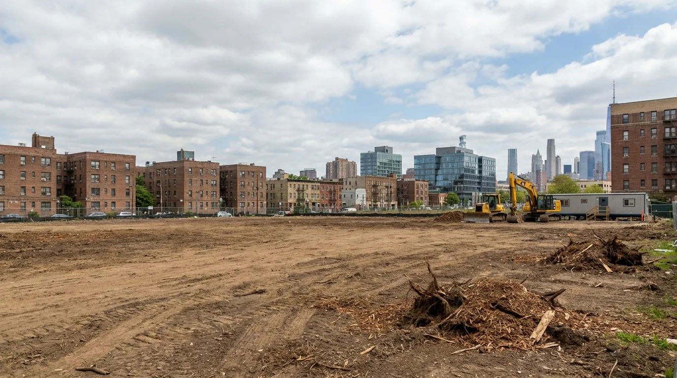 Cleared lot in Jersey City ready for grading after brush and stump removal