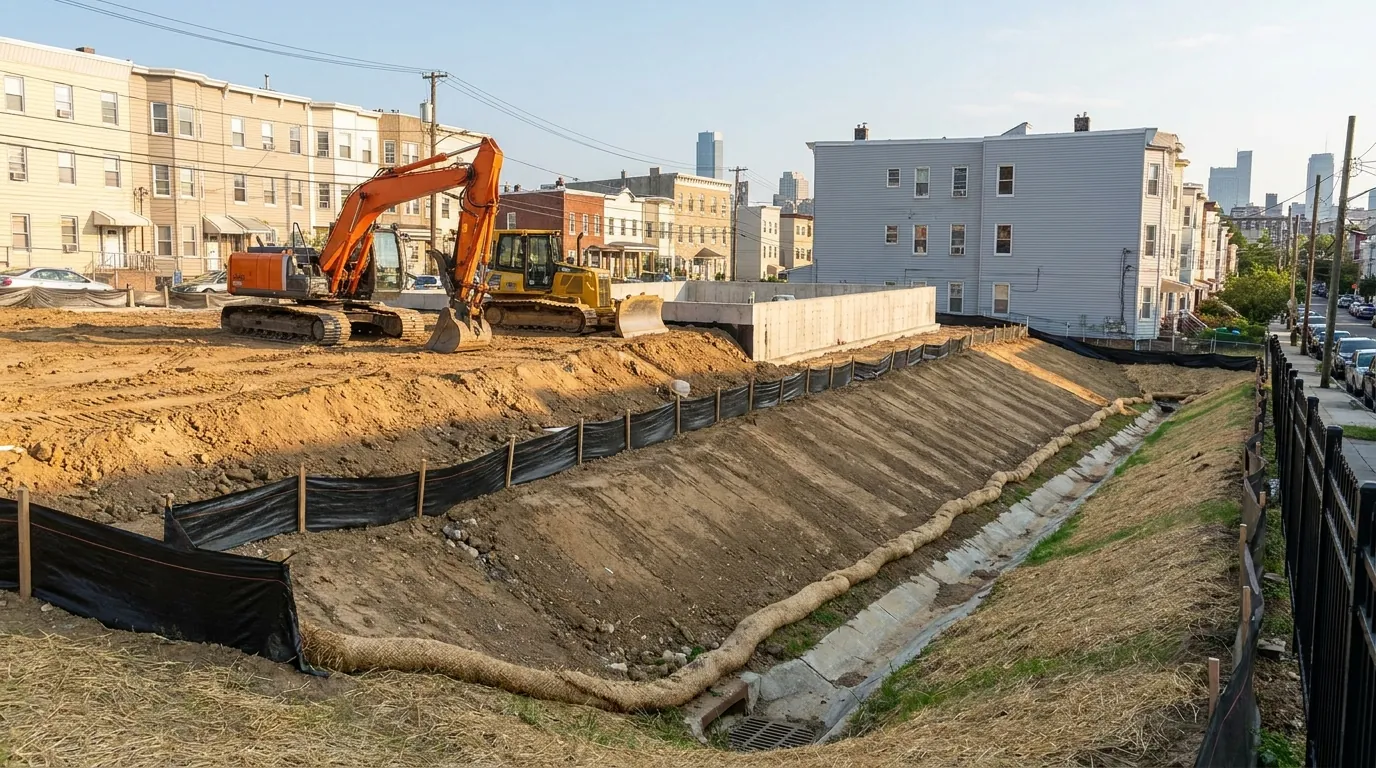 Graded building lot in Jersey City with controlled slope away from the house