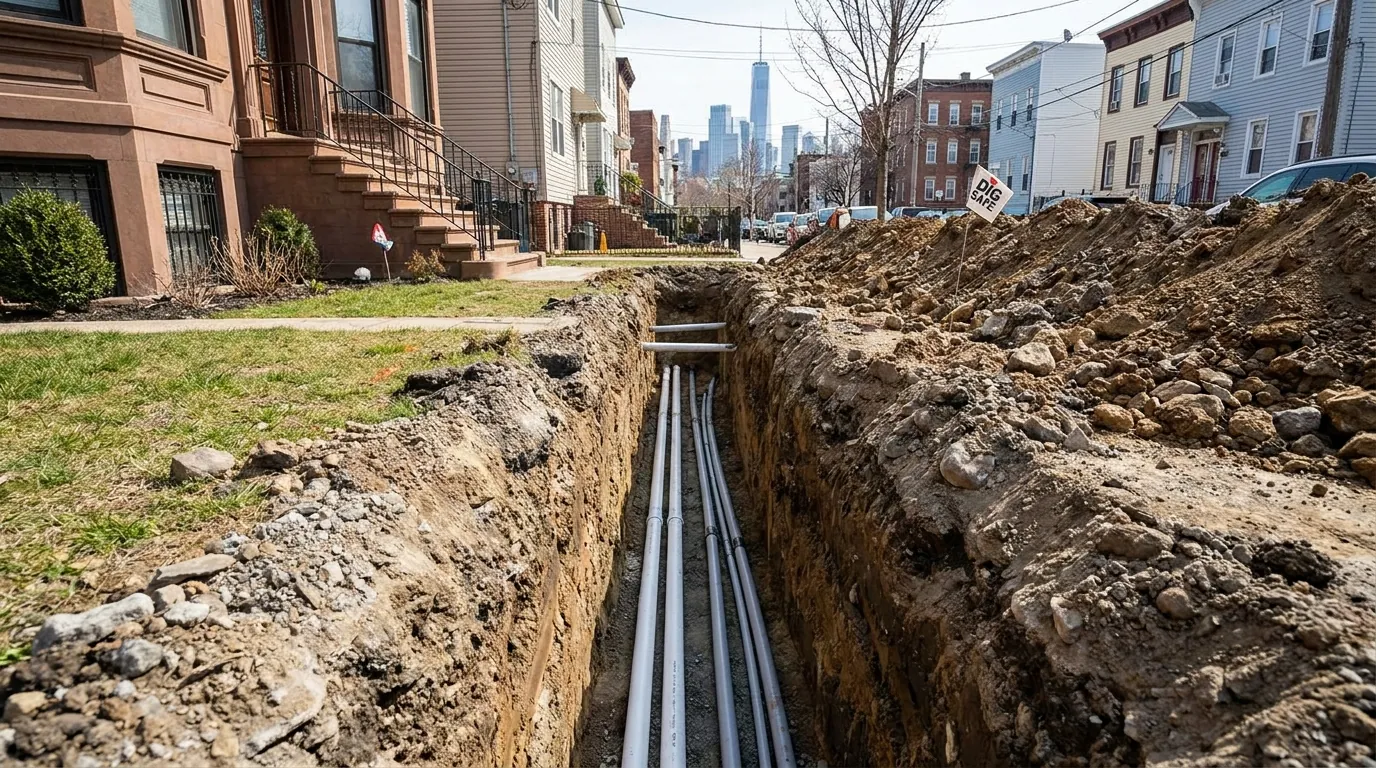 Open utility trench dug to depth on a Jersey City property
